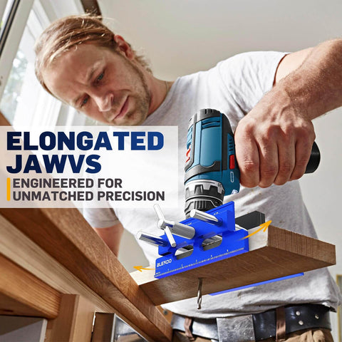 Man using Upgraded 6.7 Inch Self Centering Doweling Jig Kit For Precise Panel Furniture Holes Drill Jig with 6 Guide Bushings on wood.