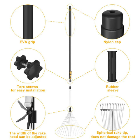 Feature details of Telescoping Roof And Yard Rake For Leaves And Debris Cleanup Dual Use From Roof To Lawn Extends From 6.62 To 31 Feet