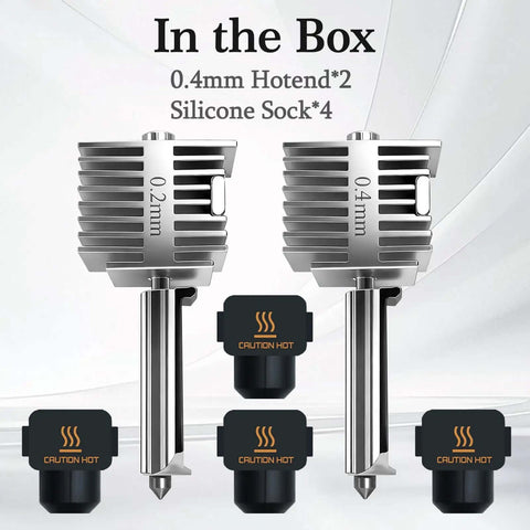 Two Pack 0.4mm Hotend Kit For A1 And A1 Mini 3D Printer with stainless steel nozzles and four silicone socks displayed.