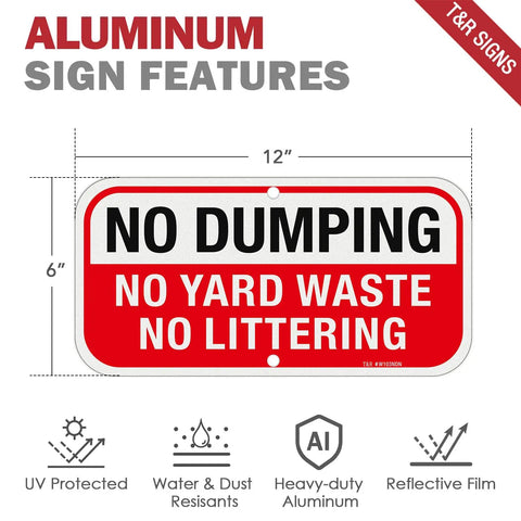 Heavy Duty No Dumping And No Littering Sign 2 Pack Rust Proof Aluminum Property Boundary Signs 12x6 Inches reflective features.