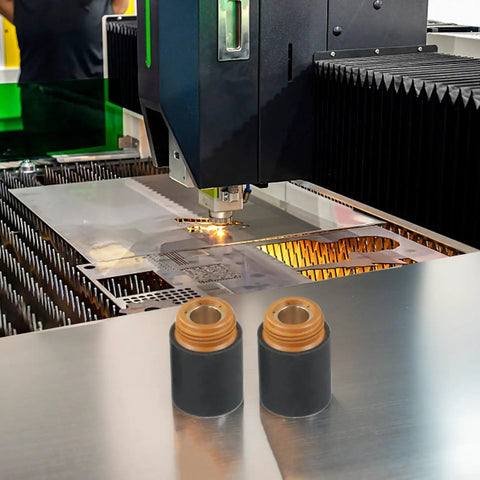 2-Pack Plasma Cutter Retaining Cap for PMX45 Torch Compatible Replacement Part shown beside active plasma cutting machine