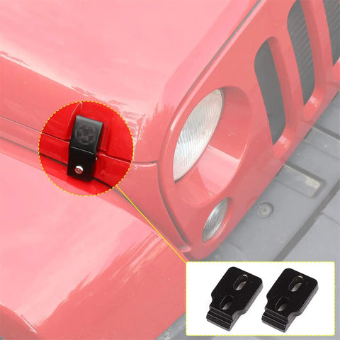 Locking Hood Latch Kit For Jeep Wrangler Skull Style Aluminum Alloy Hood Locks, installed on red Jeep, close-up view