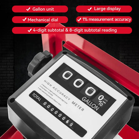 High accuracy mechanical meter display showing gallons for Rig Ready Electric Diesel Transfer Pump Kit With Auto Shut Off Nozzle Mechanical Meter And Long Reach Hoses For No Nonsense Job Site Truck Hustles And Daily Hauler Operations.