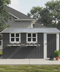 12x10 Ft Outdoor Metal Storage Shed With 3 Clear Windows, Flower Rack, Lockable Single Door, Grey by a house