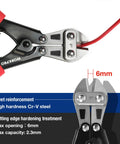 Close-up of Mini Bolt Cutter 8 Inch With Spring Loaded Action, cutting red wire, showcasing high hardness Cr-V steel and rivet reinforcement.