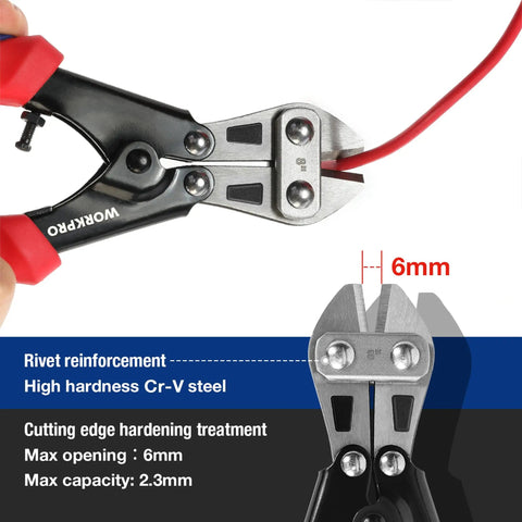 Close-up of Mini Bolt Cutter 8 Inch With Spring Loaded Action, cutting red wire, showcasing high hardness Cr-V steel and rivet reinforcement.