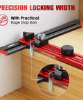 Kickass Precision Stair Tread Template Tool With Heavy Duty Locking Triangular Brace And Snappy Edge Flip Stops For Right On Target Woodworking Every Single Time, showing precision locking width with edge stop bars.