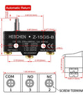 Micro Switch Z 15GS B Slim Spring Plunger Three Terminal 15A Rated Current Momentary Action with dimensions and labels