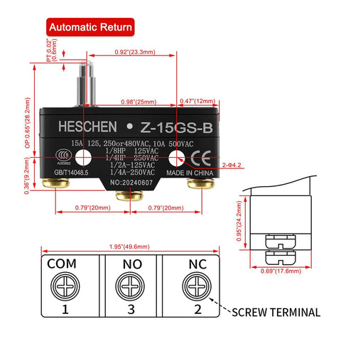 Micro Switch Z 15GS B Slim Spring Plunger Three Terminal 15A Rated Current Momentary Action with dimensions and labels