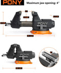 Beefed Up Heavy Duty 4 Inch Bench Vise With 4400 Lbs Clamping Power, 360 Degree Rotating Base And Anvil, shown in detailed dimensions.
