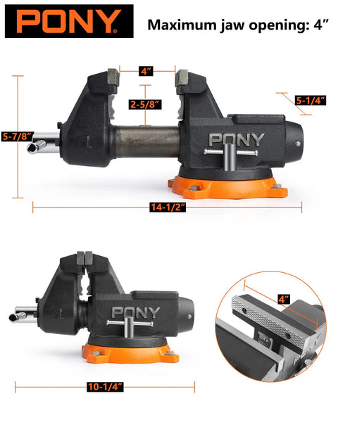 Beefed Up Heavy Duty 4 Inch Bench Vise With 4400 Lbs Clamping Power, 360 Degree Rotating Base And Anvil, shown in detailed dimensions.