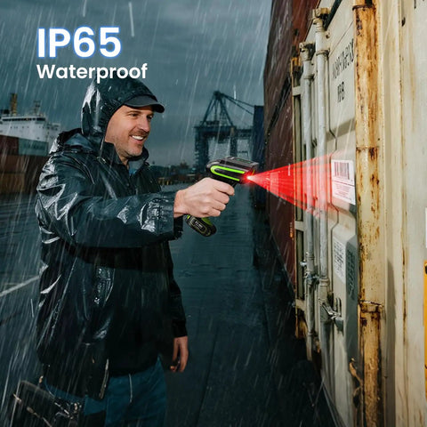Person using Rugged Industrial Wireless Barcode Scanner 3 In 1 Waterproof Bluetooth With Charging Dock And Battery Indicator outdoors in rain