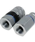 Drop-In Flat Face Hydraulic Quick Connect Coupler With One Inch Npt Threads And Dust Caps For Tractor And Backhoe ISO 16028, silver metal design.