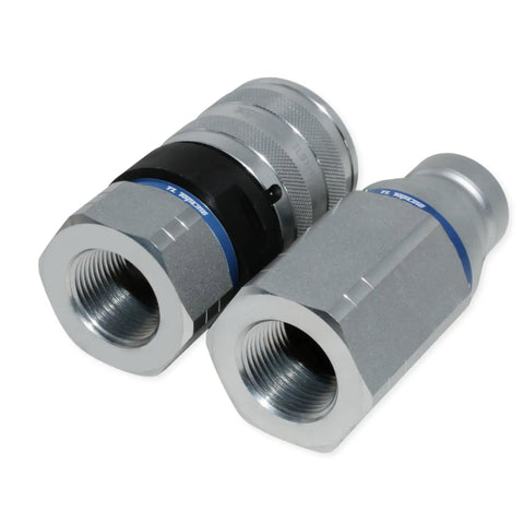 Drop-In Flat Face Hydraulic Quick Connect Coupler With One Inch Npt Threads And Dust Caps For Tractor And Backhoe ISO 16028, silver metal design.