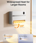 Smart Wall Space Heater For Bedroom, 1500W, 120 Degree Vertical Oscillation, Cozy Heat shown with heat waves and features.