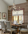 Five-Light French Country Rustic Chandelier With Glass Bead Chains over dining table, white distressed wood finish, 28 inch diameter