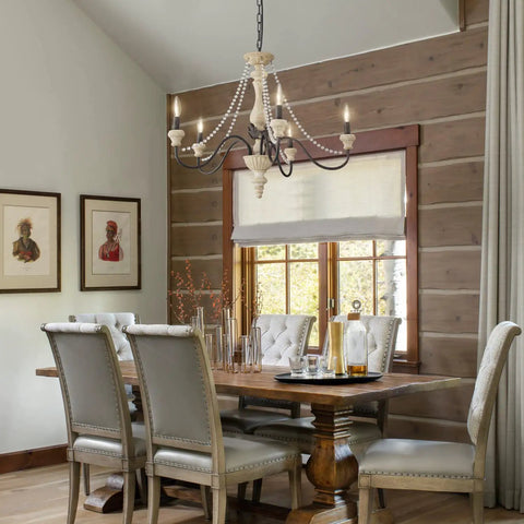 Five-Light French Country Rustic Chandelier With Glass Bead Chains over dining table, white distressed wood finish, 28 inch diameter