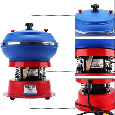Electric Vibration Roller Polisher for Jewelry and Small Metal Parts, red and blue polisher machine, automatic, shown in detail