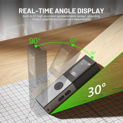 Dope Green Laser Distance Meter With 165 Feet Range, 2mm Accuracy, Rechargeable Battery, Handheld Measuring Tool For Quick, Precise Distance And Area Calculations, showing real-time angle display