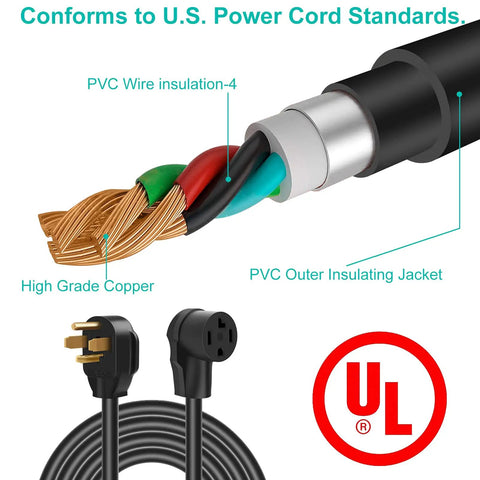 Cross-section of 50 Foot 30 Amp N14-30P To N14-30R Dryer And EV Charging Extension Cord showing copper wire and UL certification