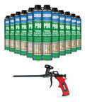 Heavy Workhorse Expanding Spray Foam Insulation Kit 12 Pack with foam gun for home renovation and wall patching.