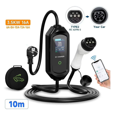 Portable Type Two Evse Fast Charging Cable With Ten Meter Wire Wifi App Control And Bluetooth Remote shown with display.