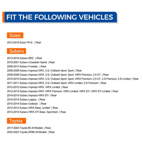 List of vehicles fitting Rear Wheel Bearing And Hub Assembly 512401 including 2013-2016 Scion FR-S, 2013-2019 Subaru BRZ