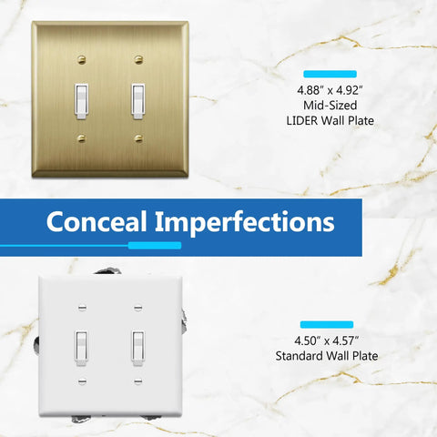 Toggle Light Switch Wall Plate 2 Gang Metal Cover In Stainless Steel With Brushed Brass Finish Built To Last Corrosion Resistant UL Listed High Impact 4.88 x 4.92 Inches 1 Pack, shown in comparison with standard wall plate on marble background.