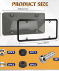 Dimensions and components of 2 Pack Clear License Plate Protectors With Unbreakable Transparent Frames And Screw Cap Kit