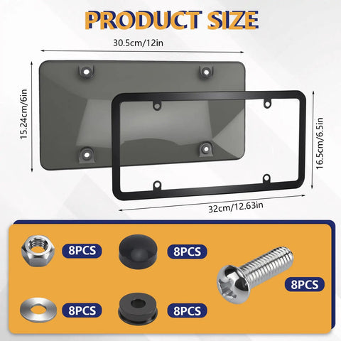 Dimensions and components of 2 Pack Clear License Plate Protectors With Unbreakable Transparent Frames And Screw Cap Kit