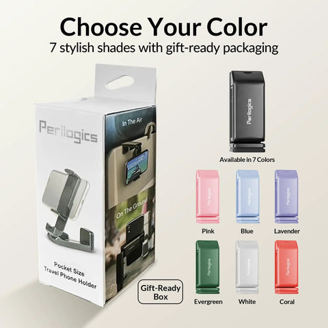Universal In Flight Phone Holder Mount box showing 7 colors including pink, blue, lavender, black, evergreen, white, and coral.