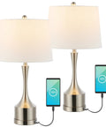 26 Inch Nickel Table Lamp Set Of 2 With USB Charging Ports, French Country Bedside Lighting For Living Room Or Bedroom, White Linen Shade, LED Bulbs Included.