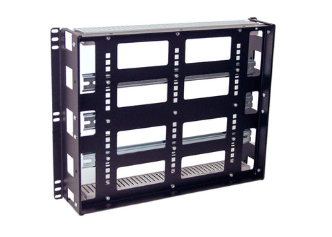 Heavy-Duty 8U DIN Rail Panel For 19 Inch Racks With 3.78 Inch Depth, 14-Gauge Steel, Removable DIN Rail visible at side angle
