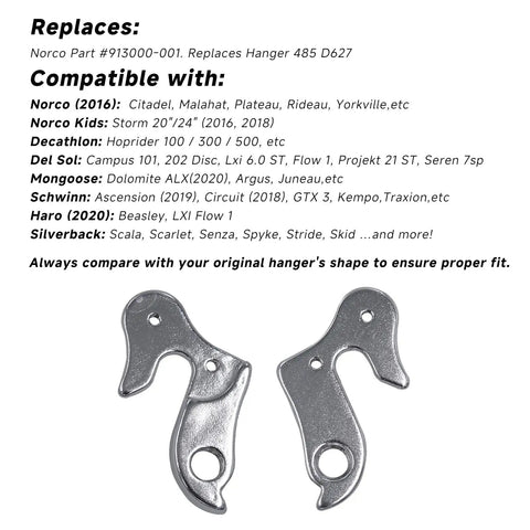 Derailleur Hanger 339 Replacement For Norco 913000-001 Replaces 485 D627 with bike compatibility list in background
