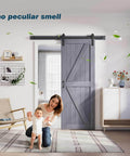 Grey Wood Barn Door Slab 30 Inch By 84 Inch With Included 60 Inch Barn Door Hardware Track Kit in a living room setup