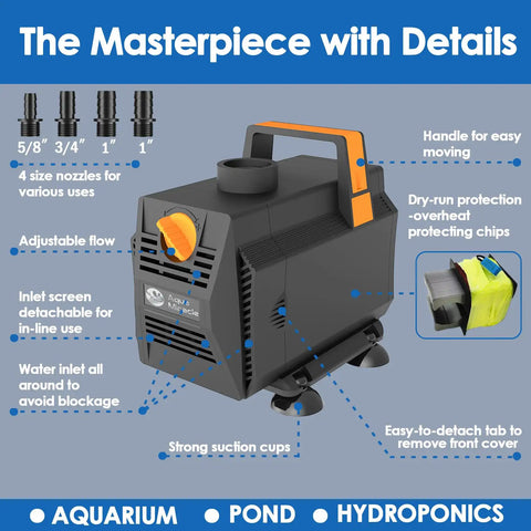 600GPH Submersible Water Pump For Ponds, Fountains, Aquariums, With Flow Control And 7 Ft Lift, Energy Efficient 35W features