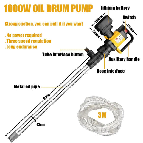 Heavy Duty 1000W Electric Drum Pump With 36V Rechargeable Battery For Fast Fuel Transfer Of Diesel Kerosene Water Includes Hose High Flow 130L Per Min And 7M Lift Power Brushless Motor