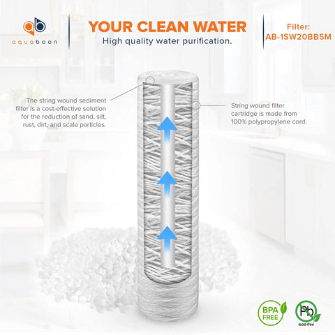 Diagram of string-wound sediment filter showing water flow, labeled for dirt removal, compatible with 5 Micron Whole House String Wound Water Filter Replacement Cartridge 20 x 4.5 For Well Water Filtration, Heavy Duty Sediment Capture, Long Lasting Dirt Removal, WP5BB20P Compatible, 2 Pack.