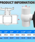 Diagram and photo of 2 Inch Slip PVC Ball Valve Set With Double Socket Full Flow Port, showing size details and T-handle design.
