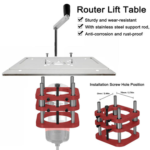 Solid Router Table System With 51 Mm Lifting Stroke Manual Router Kit For Shop Bench shown with red mounting brackets and stainless steel support.