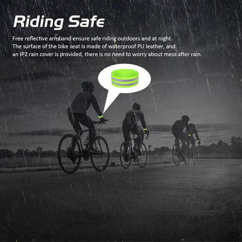 Cyclists with reflective armbands in rain, highlighting Oversized Extra Wide Bike Seat For Women And Men, waterproof feature