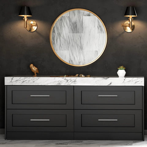 Bathroom vanity with black drawers and brushed nickel cabinet handles 10 pack, marble countertop, round mirror, wall sconces.