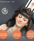 Upgrade Your Neck Game With This Sick Cervical Traction Device For Serious Spinal Decompression And Pinched Nerve Relief Perfect For Home Use To Melt Away Stubborn Headache Pain And Shoulder Soreness Fast. Woman using cervical traction device with head support for pain relief.