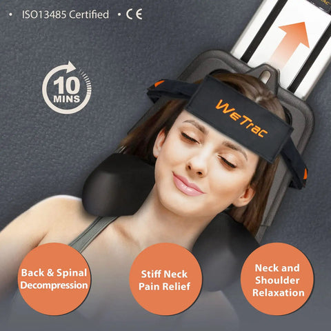 Upgrade Your Neck Game With This Sick Cervical Traction Device For Serious Spinal Decompression And Pinched Nerve Relief Perfect For Home Use To Melt Away Stubborn Headache Pain And Shoulder Soreness Fast. Woman using cervical traction device with head support for pain relief.