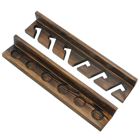 Wall Mounted Burnt Wood Fishing Rod Holder For Garage Adjustable Vertical Pole Rack That Holds Six Rods, rustic design