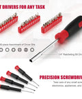 128 Piece Home Repair Tool Set For Everyday DIY, The Ultimate Homeowner Toolkit With Storage Toolbox, Claw Hammer, Screwdrivers, Pliers, Adjustable Wrench, Tape Measure, Mini Ratchet, Durable Chrome Finish showing driver bits and ratcheting screwdriver
