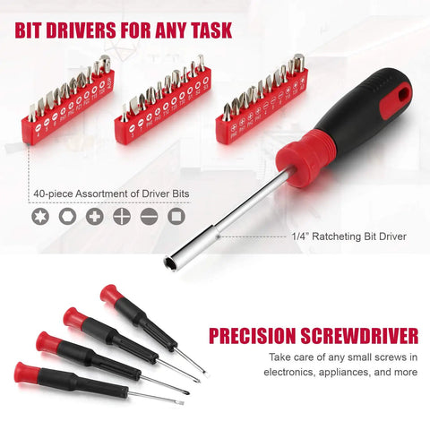 128 Piece Home Repair Tool Set For Everyday DIY, The Ultimate Homeowner Toolkit With Storage Toolbox, Claw Hammer, Screwdrivers, Pliers, Adjustable Wrench, Tape Measure, Mini Ratchet, Durable Chrome Finish showing driver bits and ratcheting screwdriver