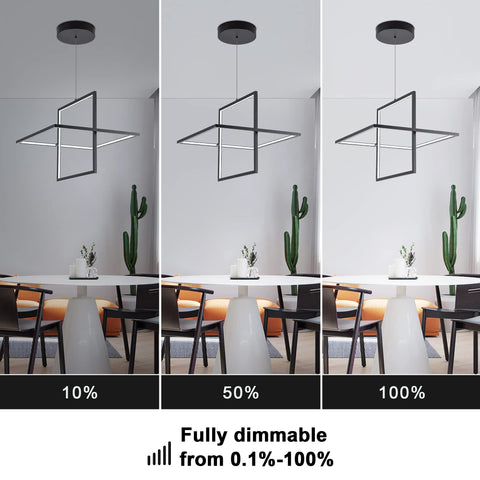 Modern Square LED Chandelier Pendant Light That Looks Lit Dimmable 6000K Cool White Ideal For Living Room Dining Bedroom Kitchen And Study 65W Black Finish showcasing dimmable settings in dining area