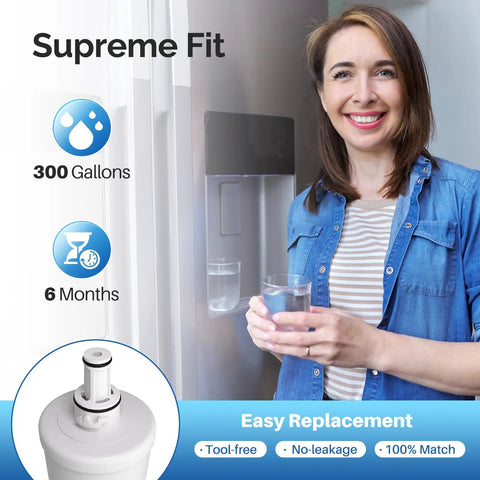 Woman using Replacement Refrigerator Water Filter 3 Pack That Keeps Your Ice Tasting Fresh Fits DA29-00003G in kitchen