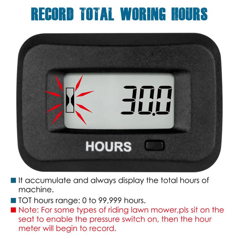 Digital Maintenance Hour Meter For Gear And Mowers AC DC 5V To 277V RL HM038AG H black LCD showing 300.0 hours